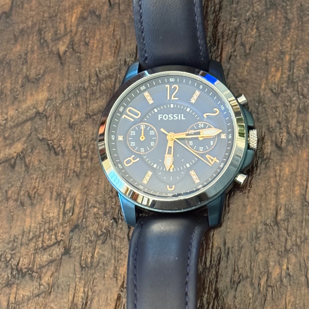 Fossil Navy Chronograph Watch with Leather Strap